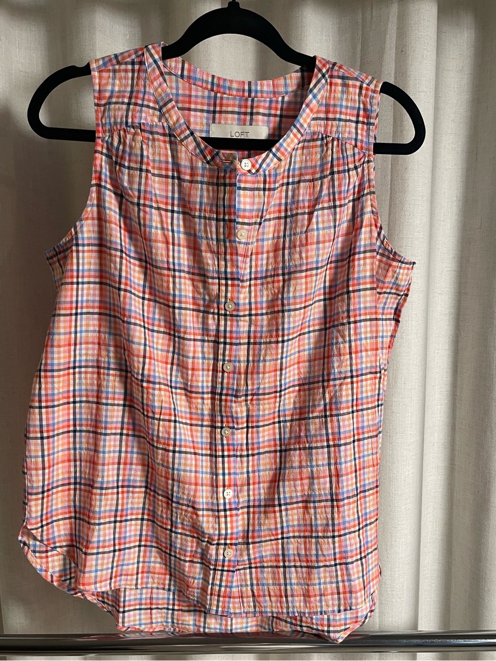 LOFT Plaid Sleeveless Button-Front Top - Coral, Navy & Light Blue